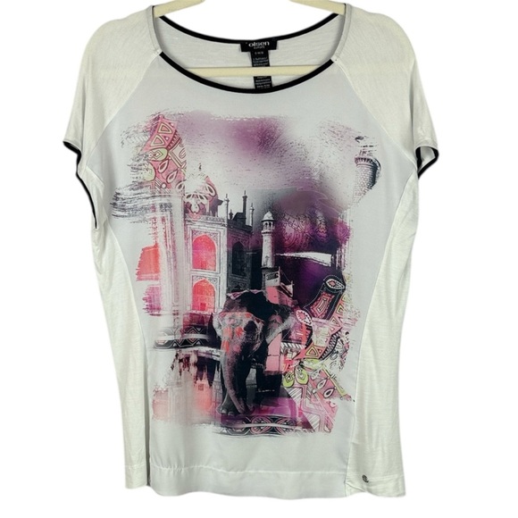 Olsen Europe Artsy Graphic Short Sleeve Tee in White and Purple Size  8 - Picture 1 of 9